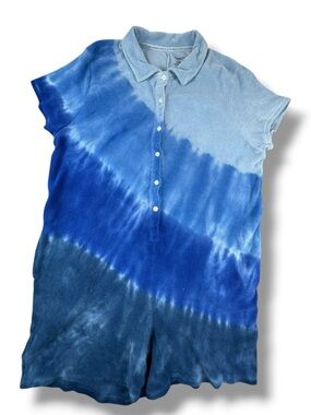 TomboyX Tie Dye Romper L Blue Cotton Blend Button Front Gender Inclusive